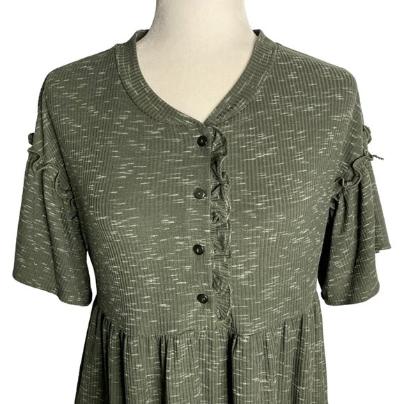Violet Weekend Ribbed Knit T Shirt Dress S Green Flutter Sleeve Pockets Buttons - Picture 2 of 6